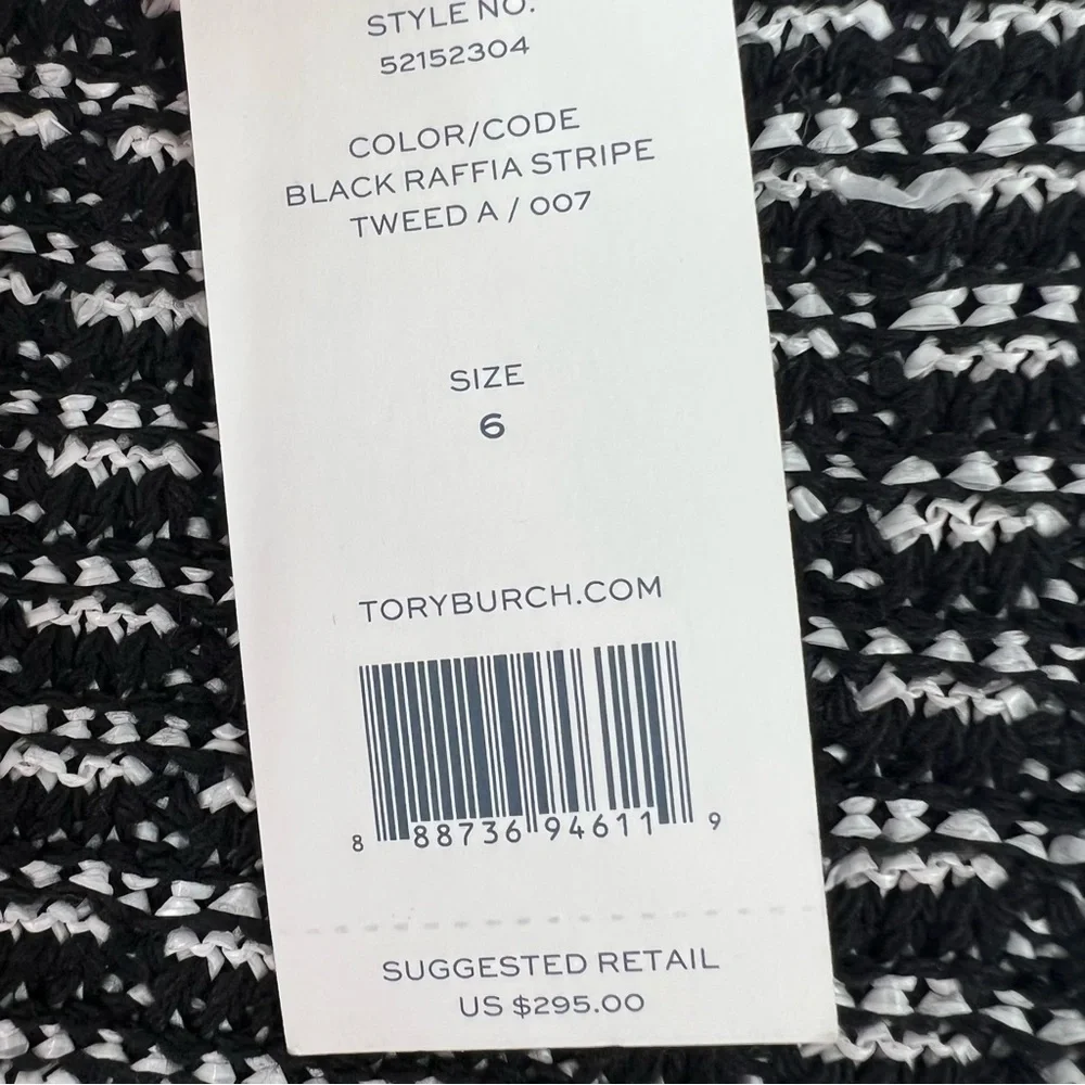 Tory Burch Tweed Raffia Fringe Stripe Skirt Leather Trim Black/White Size 6 NWT!